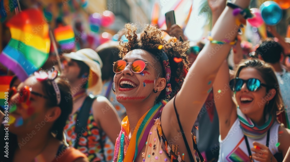 Vibrant Pride celebration captured with people in festive makeup and attire, dancing under colorful balloons and flags
Vibrant Pride celebration captured with people in festive makeup and attire, dancing under colorful balloons and flags