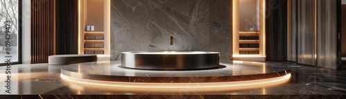 Round podium with a mirrored surface, offering a sophisticated platform for fragrances and luxury goods