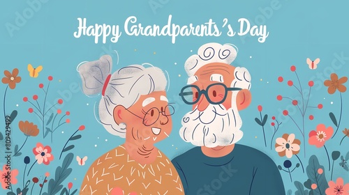An image depicts artwork of grandparents residing jointly and snuggling over a pale blue setting for an article embracing grandparents' day and space, Generative AI.