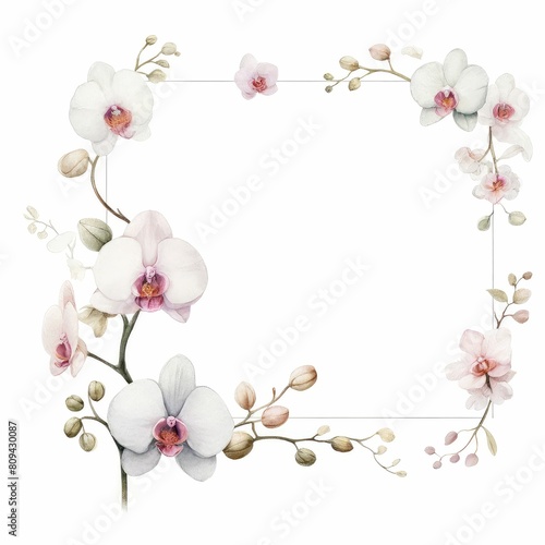 orchid themed frame or border for photos and text. watercolor illustration, Perfect for nursery art, simple clipart, single object, white color background. For greeting card.