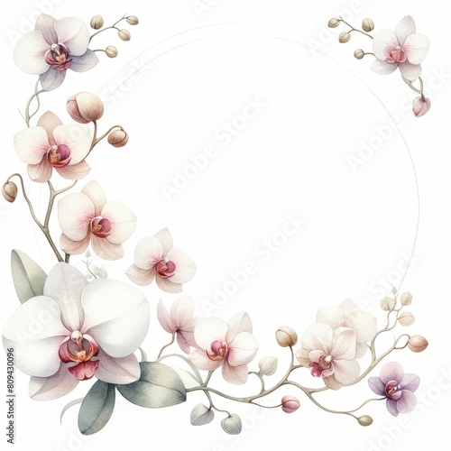 orchid themed frame or border for photos and text. watercolor illustration, Perfect for nursery art, simple clipart, single object, white color background. For greeting card.
