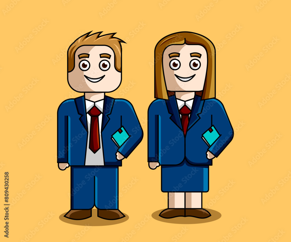 cartoon illustration of a man and a woman with elegant blue executive suit and red tie cartoon illustration of a man and a woman with elegant blue executive suit and red tie