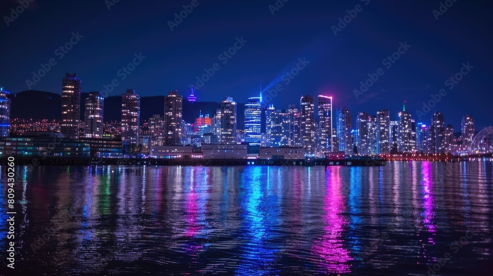 Nighttime cityscape with vibrant neon skyline reflecting on water, showcasing modern architecture and urban illumination
Nighttime cityscape with vibrant neon skyline reflecting on water, showcasing modern architecture and urban illumination