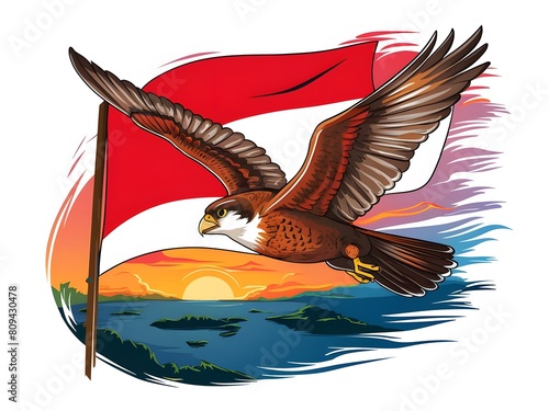 Elegant falcon flying above the indonesian sky with the flag waving behind photo