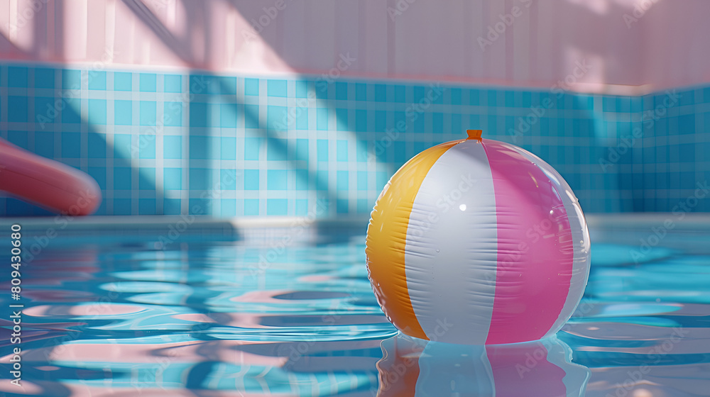 Colorful Inflatable Beach Ball Floating in Swimming Pool, Summer Fun Concept, Relaxation and Recreation, Vibrant Pool Toy, Generative AI

