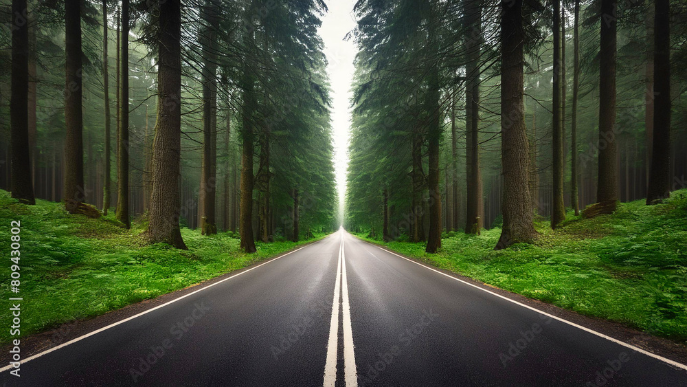 Fototapeta premium Straight asphalt road in a green forest with tall pine trees and grass in the morning