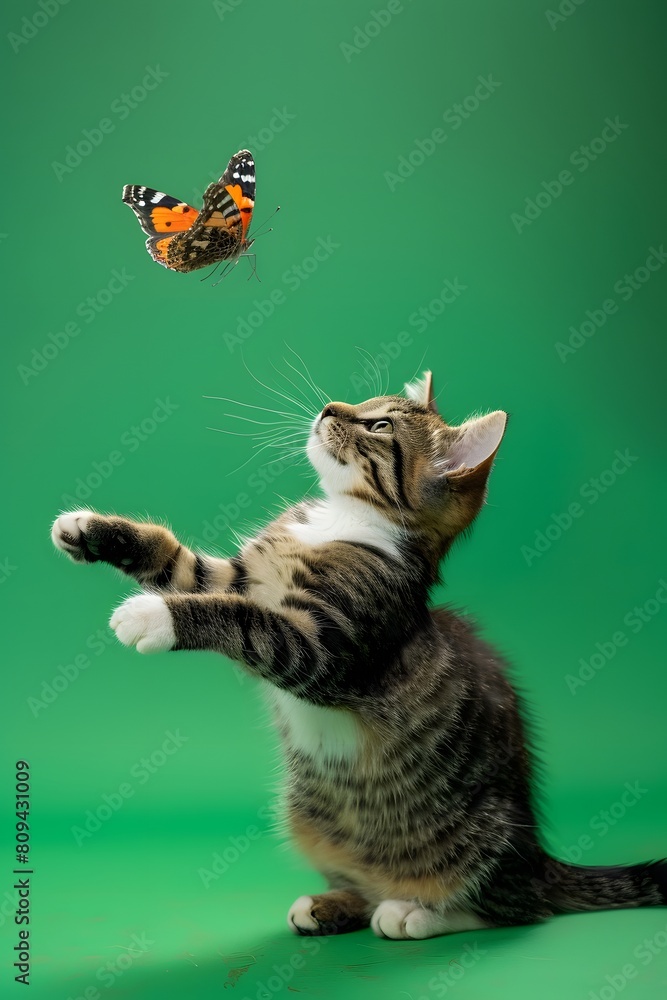 Naklejka premium Full body of cat playing with a butterfly, on solid green screen background, fashion photography, evenly lighting