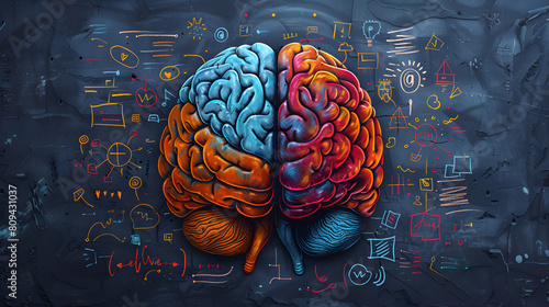 Left Right Human Brain Concept, Creative Part and Logic Part, Cerebral Hemisphere Illustration, Neuroscience and Psychology, Generative AI