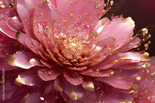 Pink fractal flower with golden glittering pollen  digital artwork