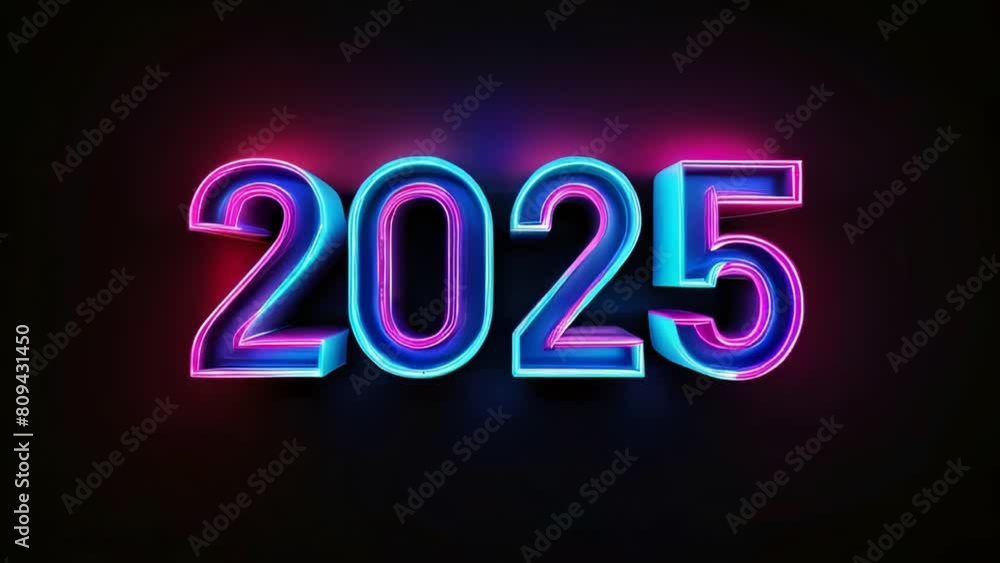 Purple and blue colored shimmering neon numbers 2025 emit a festive glow on a black background, calling for a magical New Year and Christmas celebration Purple and blue colored shimmering neon numbers 2025 emit a festive glow on a black background, calling for a magical New Year and Christmas celebration