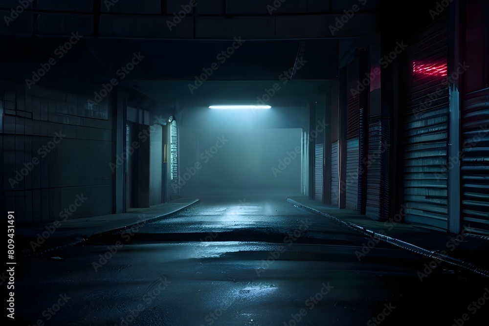 Dark empty foggy street, spotlight, neon, concrete. Generative AI