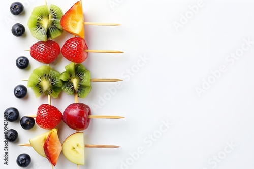 Mixed canapés of tropical fruits over a row of vitamin-rich wooden skewers over a white setting lovely vivid fruits good life and space, Generative AI.