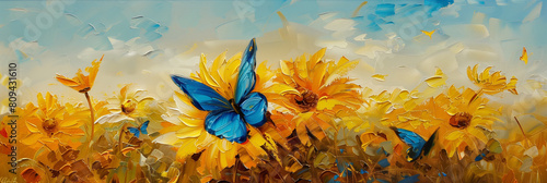 Yellow blossom Chrysanthemum flowers with blue butterfly in garden in Artistic painting style.