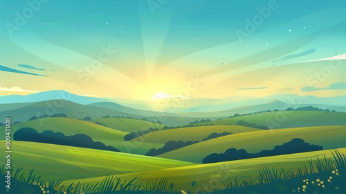 Illustration of a beautiful view of a green field with mountains
