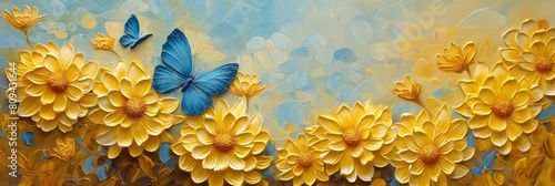 Artistic painting style of Yellow blossom Chrysanthemum flowers with blue butterflies in garden. 