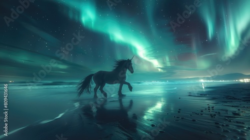 A beautiful unicorn is galloping through the night sky. The aurora borealis is swirling in the background. The unicorn is a symbol of hope and magic.