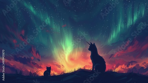 A cat and a dog are sitting on a hill, looking at the aurora borealis