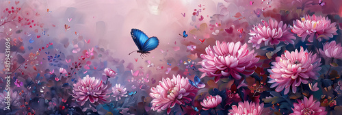 Pink blossom Chrysanthemum flowers with blue butterfly in garden in Artistic painting style.