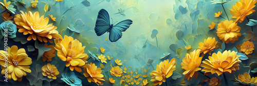 Artistic painting style of Yellow blossom Chrysanthemum flowers with blue butterfly in garden. 