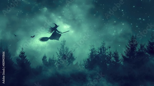 A witch is flying on a broomstick over a dark forest. The witch is wearing a black hat and a black cloak. The forest is filled with tall, dark trees. The sky is dark and cloudy. © Nuth