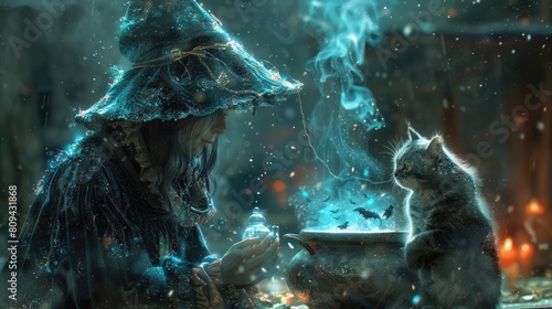 A witch is brewing a magic potion with her cat sitting beside her.