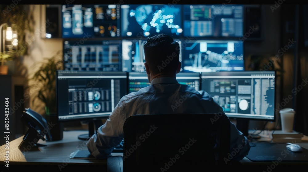 A cybersecurity setup within an office, featuring a professional using advanced security software on multiple screens, surrounded digital locks and firewalls. A cybersecurity setup within an office, featuring a professional using advanced security software on multiple screens, surrounded digital locks and firewalls.