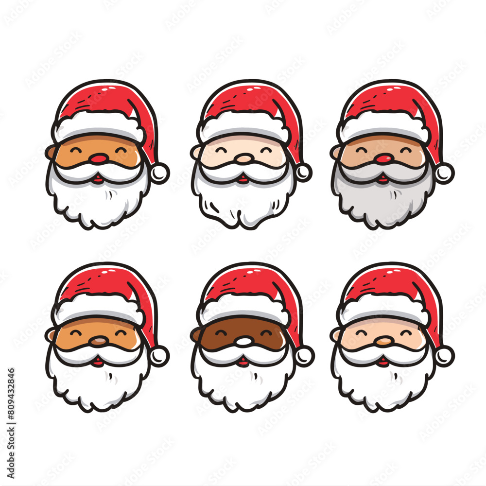 Nine diverse Santa Claus faces displayed three rows. Santa wears red hat, has fluffy white beard, different skin tones. Cartoon Santas representing multicultural Christmas celebration