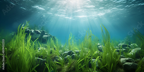 green grass and sun  Green bright algae growing underwater  Underwater view of a group of seabed with green seagrass  