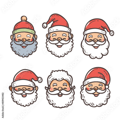 Six Santa Claus faces expressing different jovial emotions, all wear festive hats, glasses. Cartoon style Santa Claus illustrations showcasing various cheerful expressions. Brightly colored faces