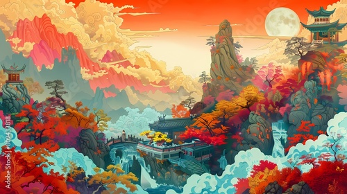 Colorful traditional landscape illustration poster background