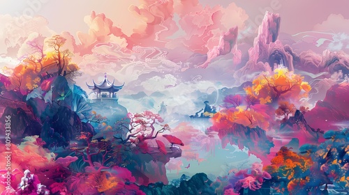 Colorful traditional landscape illustration poster background