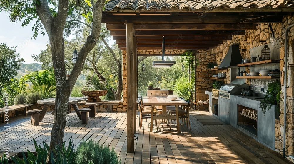 Fototapeta premium Unwind and Connect with Loved Ones in the Serene Setting of a Rustic Outdoor Kitchen and Dining Area, Surrounded by Nature's Embrace