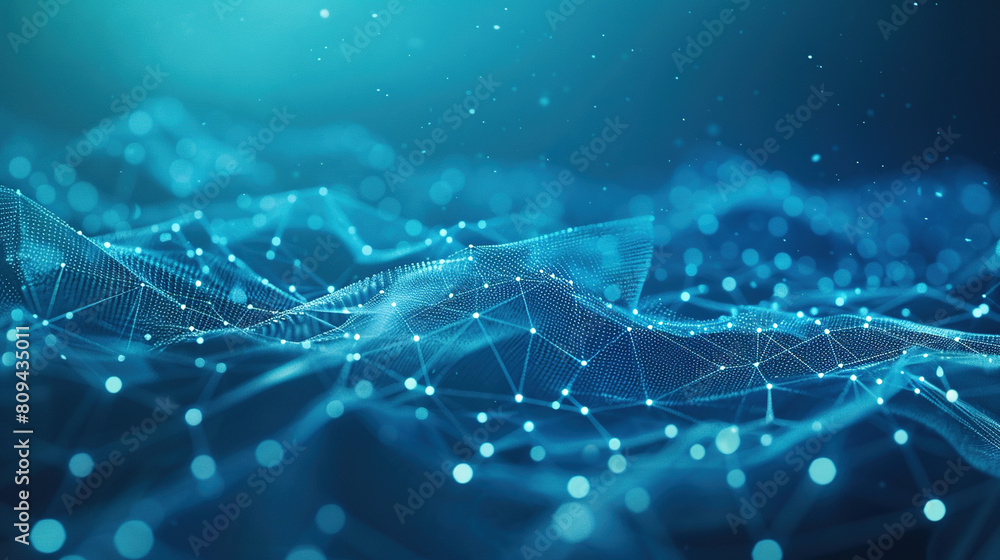 Obraz premium Abstract connected dots and lines on blue background. Communication and technology network concept with moving lines and dots