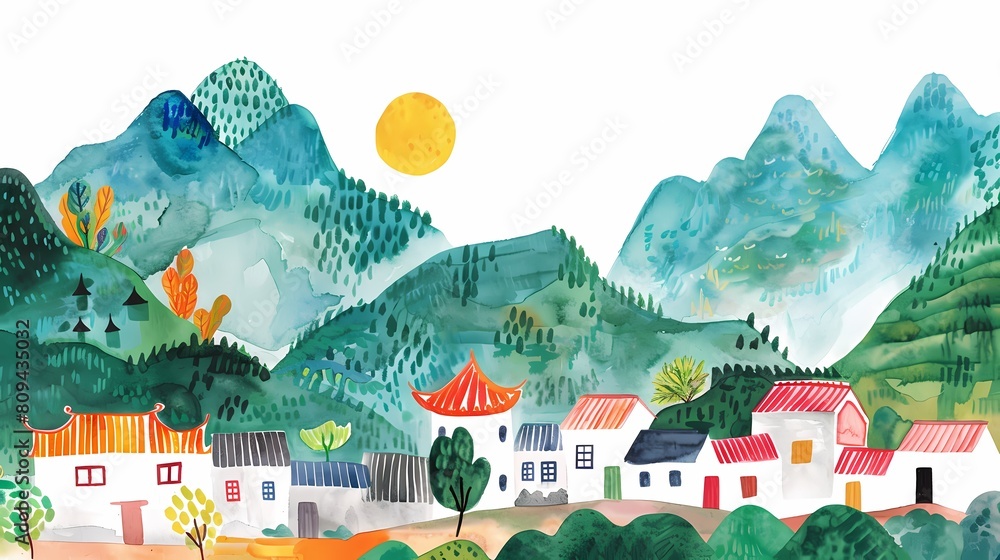 Watercolor retro traditional landscape illustration poster background