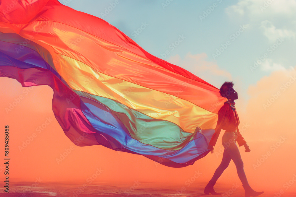 Obraz premium A woman is walking with a rainbow flag draped over her shoulders. The flag is large and colorful, and it seems to be a symbol of pride and acceptance