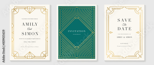 Art deco wedding invitation frame vector. Luxury classic antique cards design for VIP invite, Gatsby invitation gold, Fancy party event, Save the date card and Thank you card. Vector illustration. 