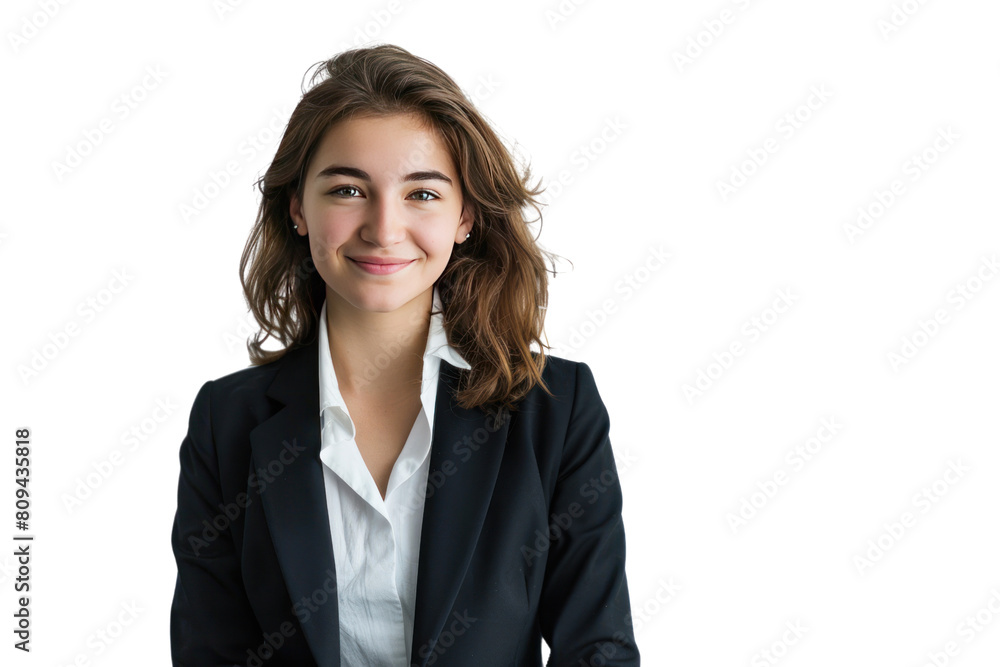 A young, confident businesswoman with a warm smile, dressed in a sharp suit, standing against a white background., realistic photos on a white background A young, confident businesswoman with a warm smile, dressed in a sharp suit, standing against a white background., realistic photos on a white background