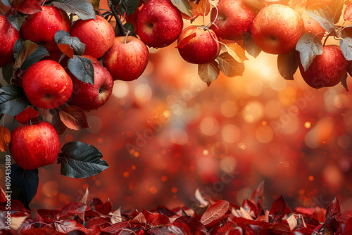 red autumn leaves, Autumn background. Apples, pumpkin, apples of para © Abdul