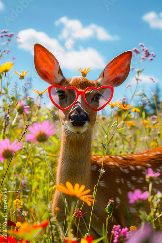 Cool deer wearing heartshaped sunglasses, posing in a sunlit meadow filled with wildflowers photo
