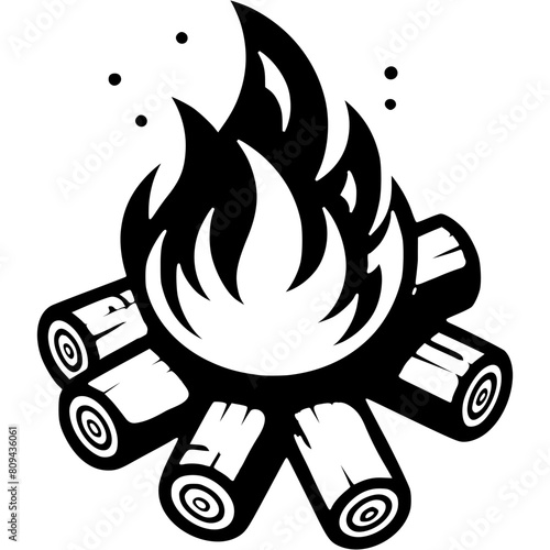 Traveler burning bonfire in monochrome. Wood burning in fire. Simple minimalistic vector in black ink drawing on transparent background