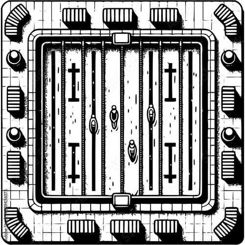Sports swimming pool top view in monochrome. Athletes swim in the pool at competitions. Simple minimalistic vector in black ink drawing on transparent background