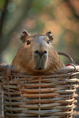 Whimsical photograph of a capybara halfhidden in a basket, with just its head and eyes visible above the rim photo