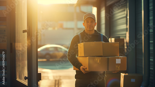 A diligent delivery person stands in the doorway of a bustling warehouse, sunlight streaming in through windows, holding a stack of cardboard boxes.