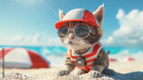 A cuddly kitten in a tiny lifeguard outfit, complete with a whistle and aviator sunglasses, patrolling a sandy beach