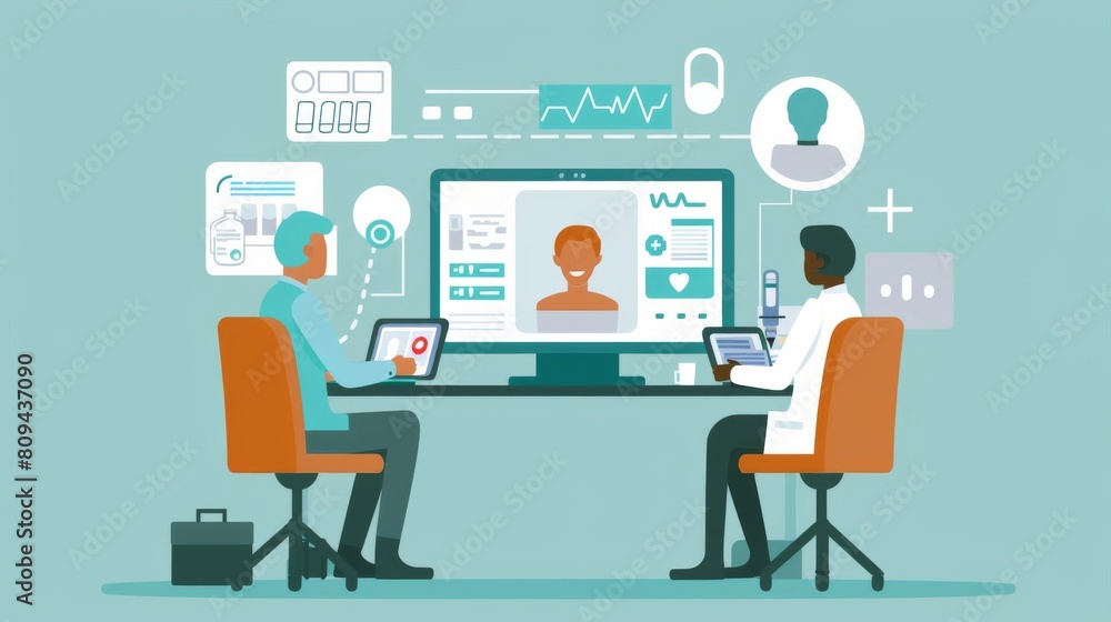 A telepsychiatry session with a psychiatrist prescribing medication through a secure video conferencing tool, patient notes visible on the screen A telepsychiatry session with a psychiatrist prescribing medication through a secure video conferencing tool, patient notes visible on the screen
