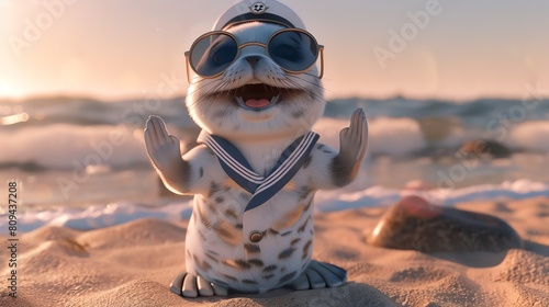 A playful seal pup in a sailor suit and round sunglasses, clapping on a sunny beach. The 3D image features vivid colors and a fun, engaging atmosphere. Style: cute, nautical.