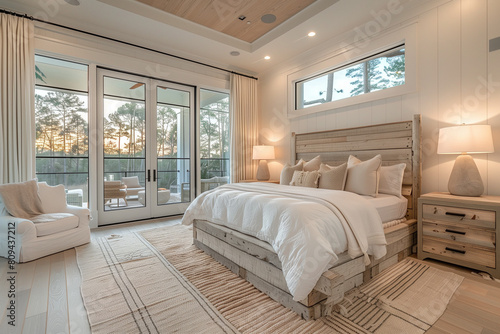 Elegant Coastal Retreat with Modern  Airy Bedroom Design  Featuring Reclaimed Wood Furniture and Soft Beige Tones Illuminated by Sunset