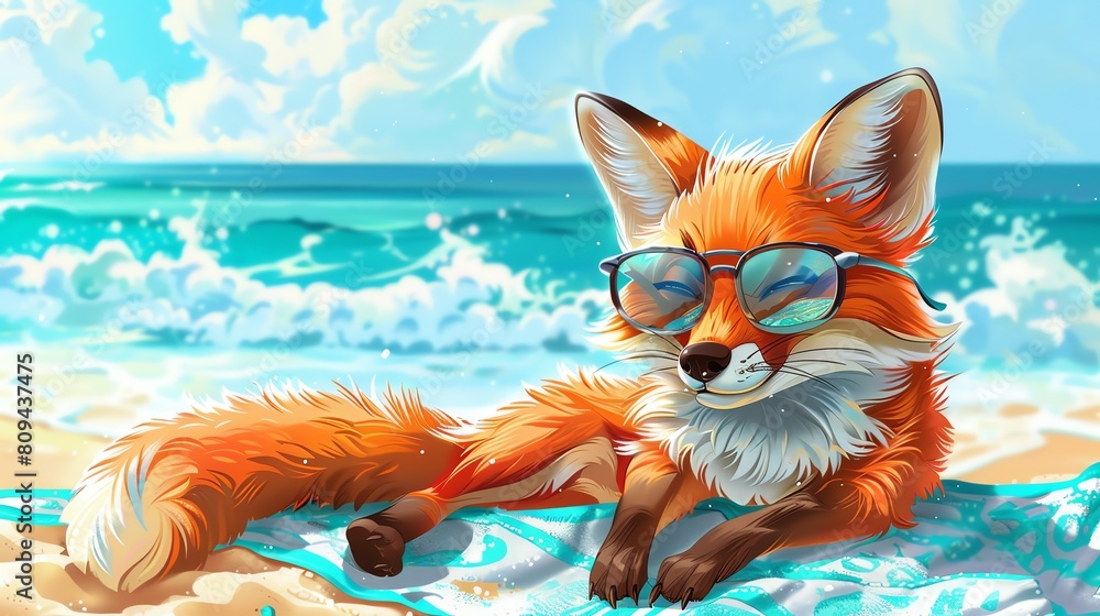 Fototapeta premium A stylish fox wearing oversized sunglasses, lounging on a beach towel