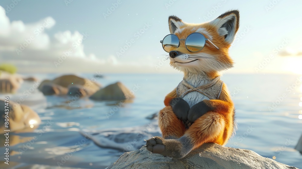 Obraz premium A thoughtful fox in a casual summer outfit and reflective sunglasses, sitting on a rock and gazing at the sea