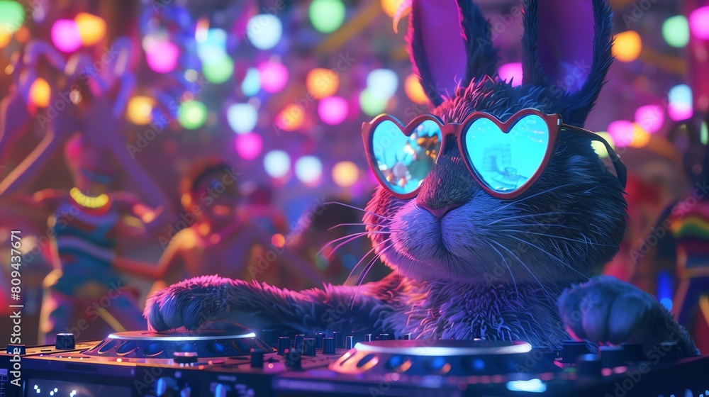 An energetic rabbit DJ at a beach party, sporting trendy heart-shaped sunglasses An energetic rabbit DJ at a beach party, sporting trendy heart-shaped sunglasses